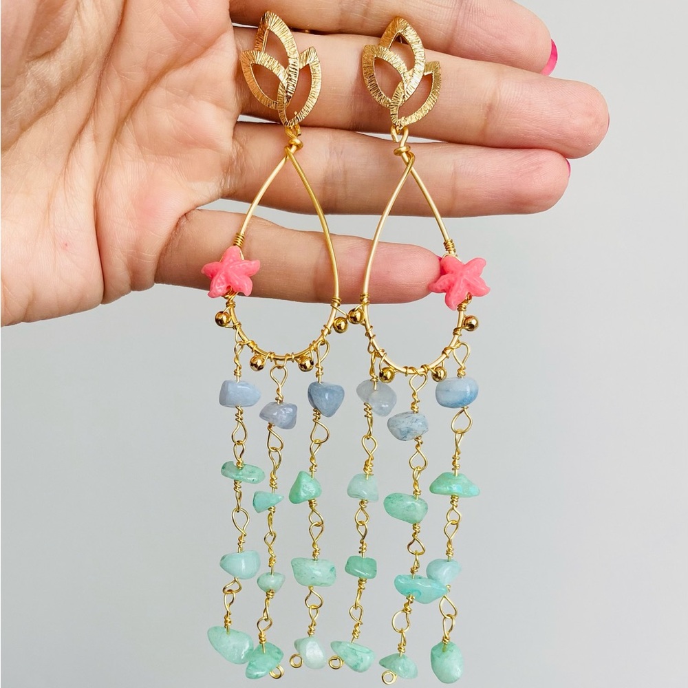 Beach earrings- Amazonite earrings in gold -Pink mint hoops